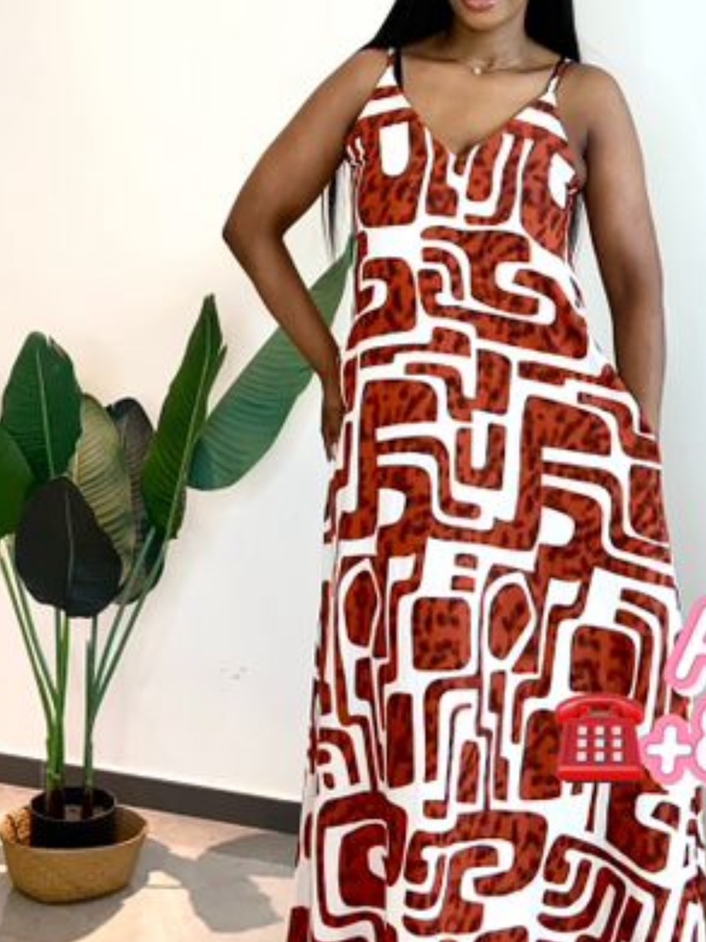 Sleeveless Red Geo-Print Maxi Dress